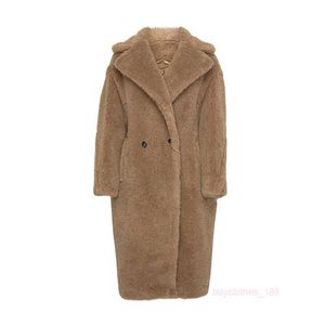 Women's Coat Cashmere Coat Designer Fashion Coat MaxMaras Teddy Collection Womens Camel Colored Alpaca Fur Long Double Breasted Furry Thick Coat