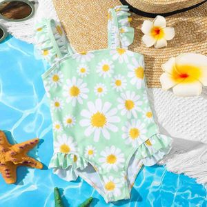 One-Pieces 2024 Sommer Neugeborene Kindermädchen Sonnenblume gedruckt ein Stück Bikini Strandanzug Badeanzug 1-5T Q240418