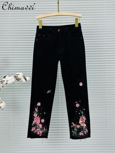 Женские джинсы вышиты укороченные 2024 весенняя одежда мода с высокой талией стройной столовой стот