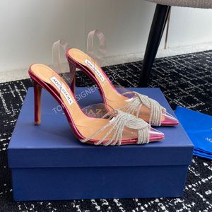 New Aquazzura Rhinestones Crystal-embellished PVC Sandals Stiletto Heels 여성 고급 디자이너 가죽 단독 저녁 버클 신발 공장 신발