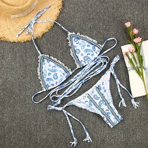 Womens 2 Piece Print Triangle Bikini Sets Criss Cross Halter Lace Top Boho Tie Swimsuits 240416