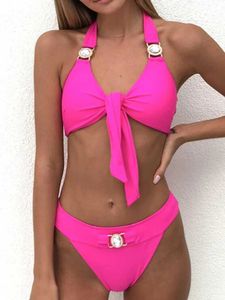 Domande Trendy Shiny Sinestone Halter Halter Bikini Set Sexy Tie Swimuitsuits Thong Bottom Swimwear Solid Beachwear Summer Summer 240416