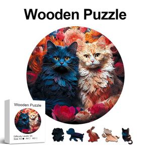 3D Puzzles Two Cats Wooden Jigsaw Puzzles Art for Adults Unique Animal Shaped Pieces Stress Relieve Toys DIY Leisure Game for Family 240419