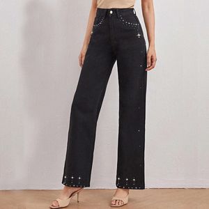 straight leg jeans with hot diamond design for slimming and versatile high waisted floor length pants