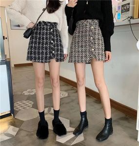 Skirts Korean Style Thick Black Tweed Skirt High Waisted A-line Wrap Buttock Fragrant Plaid Mini Jupe Faldas Mujer Y2k