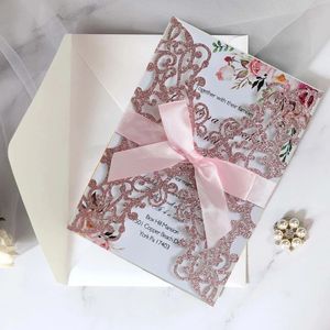 10Pcs Glitter Wedding Invitations With Envelopes Ribbon For Birthday Mariage Baptism Bar Mitzvah Party Invitation Card Supplies 240419