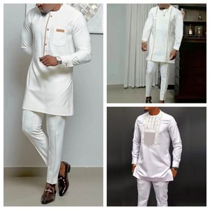 Summer Kaftan 2 peças conjuntos masculinos Botão da tripulação bolsos de pescoço de manga longa e calça roupas de estilo étnico de casamento 240410