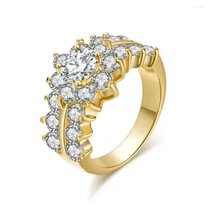 With Side Stones Luxury Exquisite Austrian Crystals Flower Ring Micro Pave Zircon Gold-Color Rings For Women Fashion Jewelry Wholesale