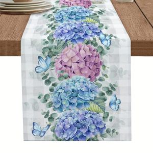 Table Cloth Summer Hydrangea Butterfly Floral Eucalyptus Leaves Linen Runner Dresser Scarf Decor Home Wedding Dining