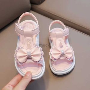 Sandals Kid Shoe Girl Soft Soles Casual Shoe Fashionable Princess Shoes New Water Diamond Beach Shoes Bow Shaped Girl Sandals Sandlias 240419