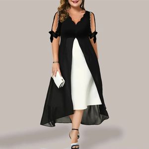 Mulheres vestir vestido vneck renda colar colar faux pérolas decoração de meia manga cor de retalhos falsa 2Pieces midi plus size 240412