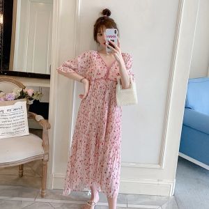티셔츠 2022 여름 출산 드레스 달콤한 패션 인쇄 임신 한 여성 쉬폰 꽃 비치 드레스 임신 휴가 옷 도매
