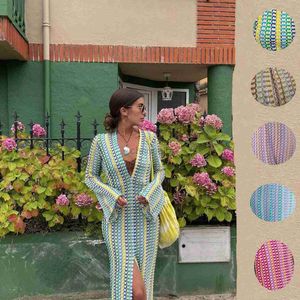 Grundläggande casual klänningar 2024 Summer Women Long Dress Stripe Flare Sleeve V-Neck Elegant Dresses Female Elegant Fashion Holiday Beach Clothes Ladies 240419