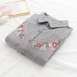 Blusas femininas blusas de manga longa respirável Blusa bordada padrão de lapela de flores para mulheres Casual largo tampo de ajuste com solteiro