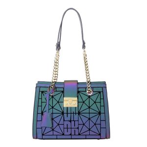 Väskor Lysande geometriska kvinnliga kedjepåsar mode holografiska fällbara kvinnliga handväskor diamantgitter pu designer damer axelväska