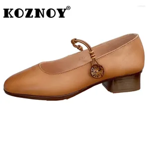 Dress Shoes Koznoy 3cm Cow Natural Genuine Leather Ethnic Summer Women Ladies Low Chunky Heel Soft Sole Mature Single Slip On Elastic