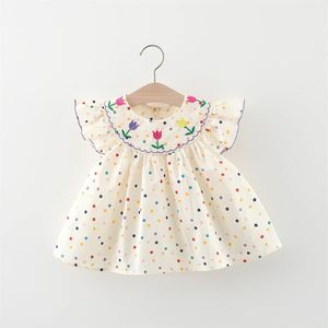 Cute GirlS Dress Sweet Rose Embroidered Small Round Dots Korean Version Loose Bubble Sleeve Cotton Beach Skirt 240416