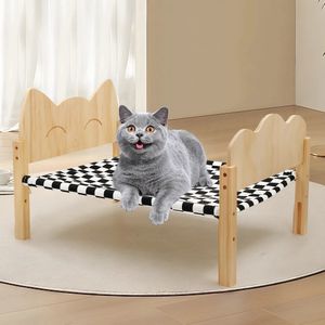 Cat Hammock Bed Wooden Elevated Pet for Indoor Cats or Puppy Floor Standing Dog Resting Furniture 240410