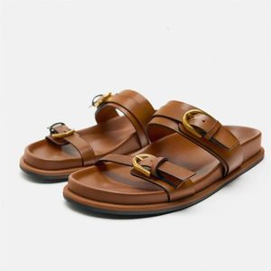 Flat For Casual TRAF Sandals Women Chic Round Toe Buckled Straps Slipper Woman Beach Comfortable Flats Ladies Brown Shoe f s