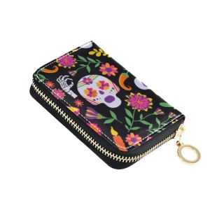 Hållare Day of the Dead Skull Flower Pu Leather Mini Women Card Holder Söt kredit -ID -kort Holders Dragkedja Wallet Case Change Coin Purse