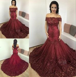 Mellanöstern Sparkly Evening Dress Glamorous Off Shoulder Lace Applique Evening Clows Prom Dress Gorgeous Mermaid Red Carpet Dress9028130