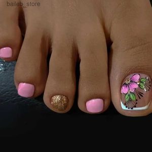 False Nails 24pcs Pink Flower Printed Fake Toenails Summer Beach False Toenails for Girls Women Acrylic Foot Nail Tips Full Cover Wearable Y240419