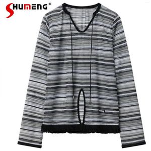 Women's T Shirts Fashion High-End Hollow Striped Tops Tassel Design Sexy Girl Loose T-shirts Long Sleeve V-neck Pullover Clothes