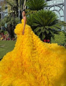 Yellow Strapless Evening Dress Tiered Ruffles High Low Sweep Train Formal Prom Gowns Elegant Ladies Vestido De Novia3215642