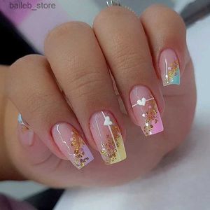 False Nails 24Pcs Colorful French Fake Nails Short Ballet False Nails Rainbow Design Wearable Coffin Press on Nails Full Cover Nail Tips Y240419