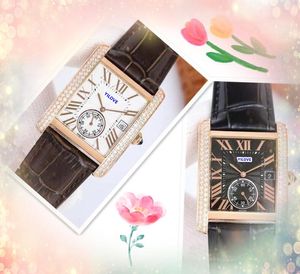Face quadrado Mens diamantes anel de relógios legais 34mm de alta qualidade de couro de luxo de luxo de quartzo