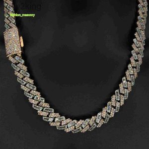 Kibo Iced Out 925 Pure Silver Moissanite Necklace Gra Vvs 15mm Two Tone Style Baguette and Round Cut Cuban Link Chain ZRI7