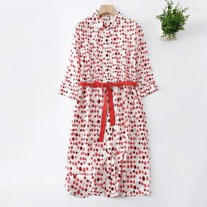 Casual Dresses Cotton Dot Sleeve Lapel Dress Women 2024 Spring And Summer Korean Style Loose Plus Size Lace-up Elegant