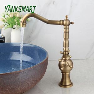 Раковина ванной комнаты yanksmart antique Brass Swivel 360 Deck Mounde Basin Basin Double Handles Retro Kitchen Vessel Mixer Water Tap
