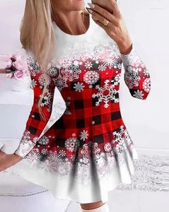Casual Dresses Womens 2024 Spring Fashion Christmas Snowflake Plaid Print O-Neck Long Sleeve Mini A Line Dress