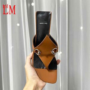 Designer Luxury Kitten Heel Flip Flop SLIDES Brown Women's crystal set sparkling hardware Slip On Sandal Flat Slide Slipper With Box