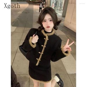 Work Dresses Xgoth Chinese Style Skirt Set Stand Collar Patchwork Button Vintage Jackets Tops Mini Sexy Short Skirts Preppy Female Outfits