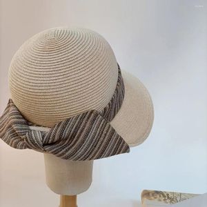 Breda brimhattar 202403-yl ins chic sommar Japan naturlig växt fiber gräs randig bowknot rullad lady sol cap kvinnor fritid hatt