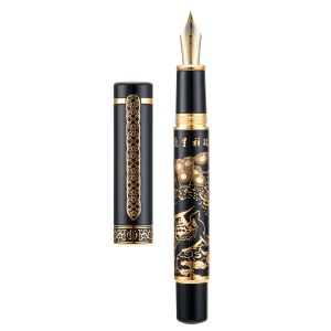 Pens Hongdian 8037 Chinese Metal Fountain Pen、Iridum ef/f Nib with Deer Painting Design、Ink Converterの滑らかな書き込みペン