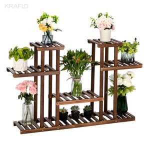 Indoor And Outdoor Multi-Function Carbonized Wood Plant Stand Artisasset 4-Story 12-Seat strong wooden Flower pot stand Kraflo Trellis