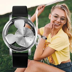 Наручительные часы Продажа 2024 Случайные женщины смотрят модную прозрачную полость милый розовый кожаный браслет Quartz