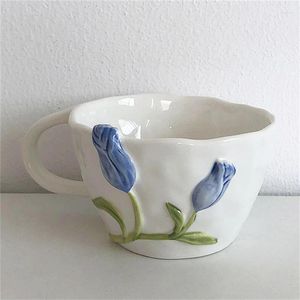 Mugs Elegant Ceramic Tulip Cup Creative Embossed Craft Mug Fashionable And Exquisite Coffee Milk Household Drink Ware