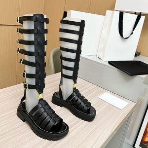 Top Quality Triomphes Sandal Plant Tanned Cowhide Long Boots High Barrel Belt Buckle Square Toe Roman Slippers Beach Platform Sandals