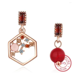 Stift Ohrringe Temperament rotes Perle Sechseck asymmetrisch Retro 925 Sterling Silber Zirkonia Ohrring Feinschmuck