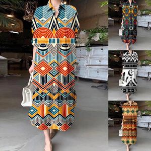 Повседневные платья Винтажные традиционные племенные цветочные принципы Макси платье женская рубашка с длинным рукавом прекрасная элегантная женская уличная отворота