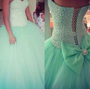 Yeni Romatik Nane Turkuaz Quinceanera Elbiseler Sevgilim Kristal Boncuklar Korse Uzun Tül Resmi Balo Elbise Korse Geri PROM GOWNS 5722415