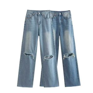 Sommer Frauen tragen lässige zweifarbige Perforted hohe Taille -Jeans MS7644