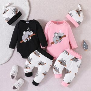 Kid Unisex için Giysiler Setleri 0-18 Aylık Kollu Karikatür Sevimli Koala Romper ve Pantolonlu Şapka Kıyafeti Doğum Boy Boy Kız