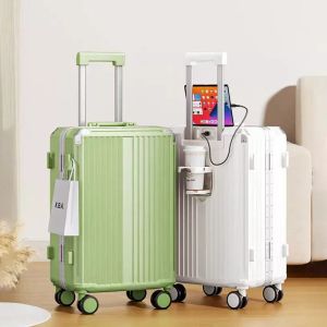 Bagaj bavul seyahat moda alüminyum çerçeve usb fincan tutucu haddeleme bagaj spinner tekerlekler arabası çanta kabin taşıyıcı şifre valiz