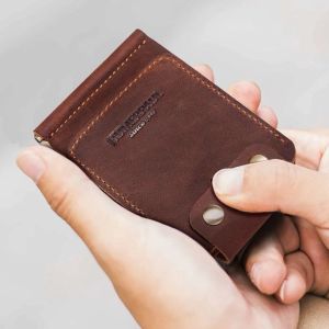 Clips Cowskin Men's Money Clip Thin Bifold Leather Solid Male Wallets with Metal Clamp Credit Card Purse for Man Cash Banknote Holder