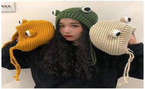 Berets 2022 Fashion Women Crochet Knitted Frog Headband Bonnet Beanie Cute Cartoon Big Eyes Hat Winter Earflap Cap Po Props2642337